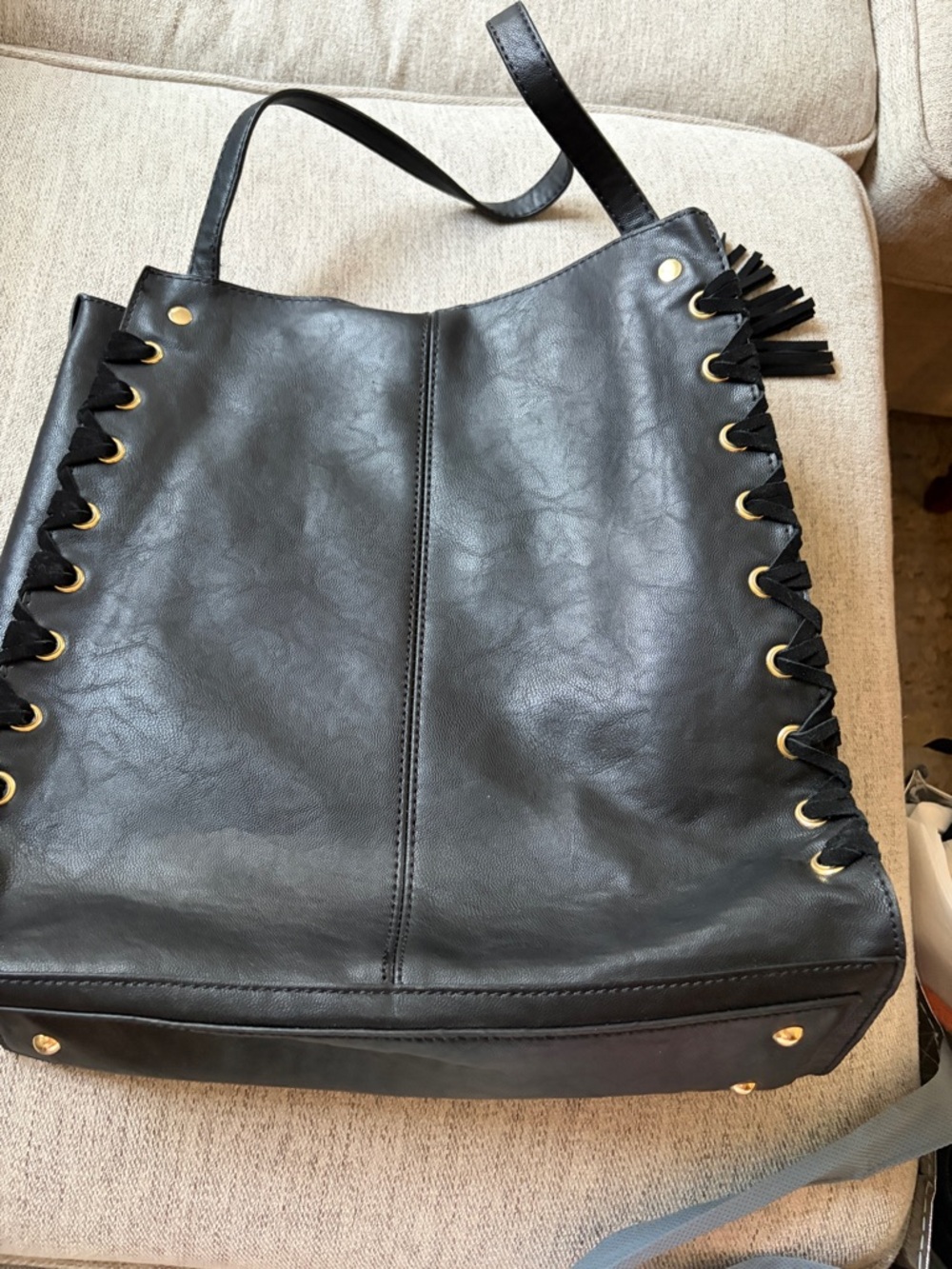 Black Leather Tote Bag with Gold Eyelet Detailing